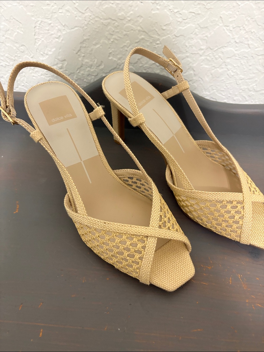 Dolce Vita Tan Woven Peep-Toe Slingback Heels